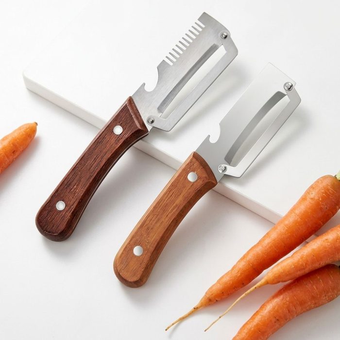 Professional 3-in-1 Stainless Steel Vegetable Julienne Peeler with Ergonomic Wooden Handle OEM
