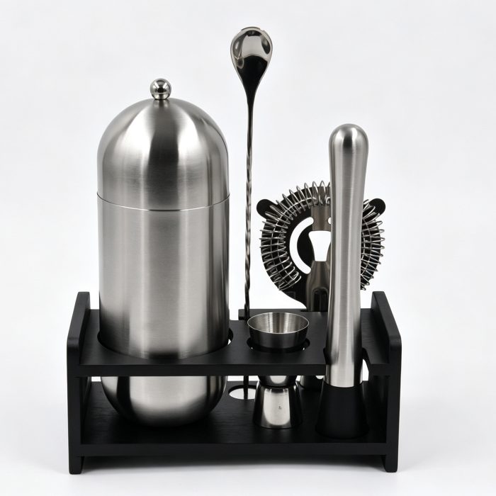 Capsule Shape Stainless Steel Cocktail Shaker Set Bartender Kit With Black Wood Display Stand Custom Logo Home Bar Mixing Tools