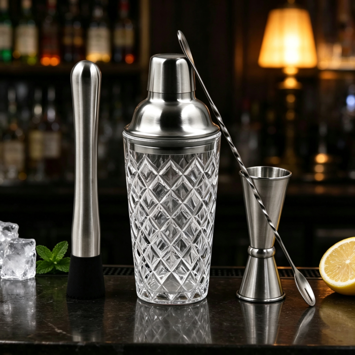 Diamond Embossed Glass Cocktail Shaker Set 4Pcs, Home Bar Kit with Muddler, Double Jigger & 3-Tine Twisted Bar Spoon