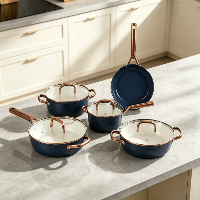 Forged Aluminum Non-Stick Cookware Set Navy Blue Pots & Pans with Rose Gold Handles