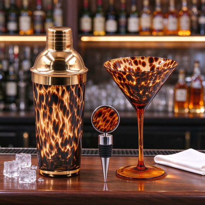 Tortoiseshell Pattern Cocktail Shaker Set, 3Pcs Luxury Bar Tool Kit with Martini Glass & Wine Stopper, Home Bar Gift Set