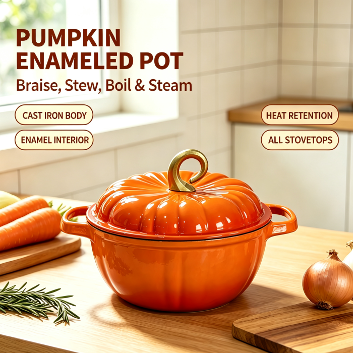 New Arrival Pumpkin Shape Enamel Cast Iron Dutch Oven, Dual Handles Cook Pot, Suitable for Braising & Frying, Household & Restaurant Use